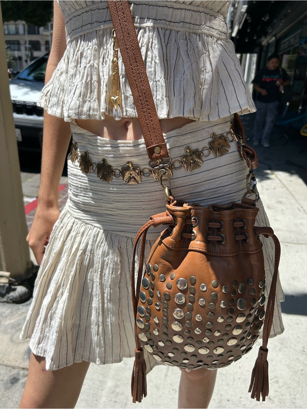 Boho Studded Brown Leather Drawstring Bucket Bag